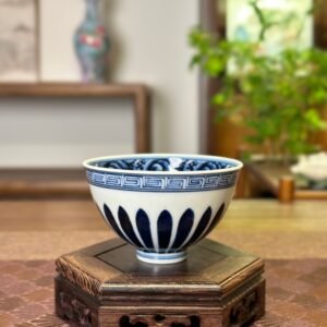 Ming-style Blue-and-White "Chicken Heart" Chalice with Double Chrysanthemum Petals & Floral Medallion