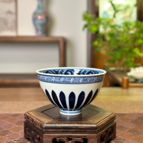 Ming-style Blue-and-White "Chicken Heart" Chalice with Double Chrysanthemum Petals & Floral Medallion