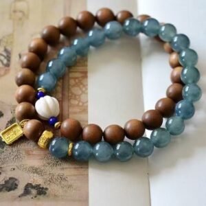 Indian Old Mountain Sandalwood+Natural Blue-Green Jadeite bracelet