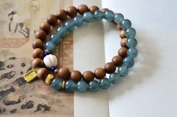 Indian Old Mountain Sandalwood+Natural Blue-Green Jadeite bracelet